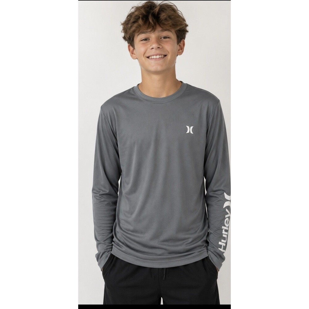 Hurley Large Gray UPF 50+ Long Sleeve Performance Shirt Youth Boys Large 12-13